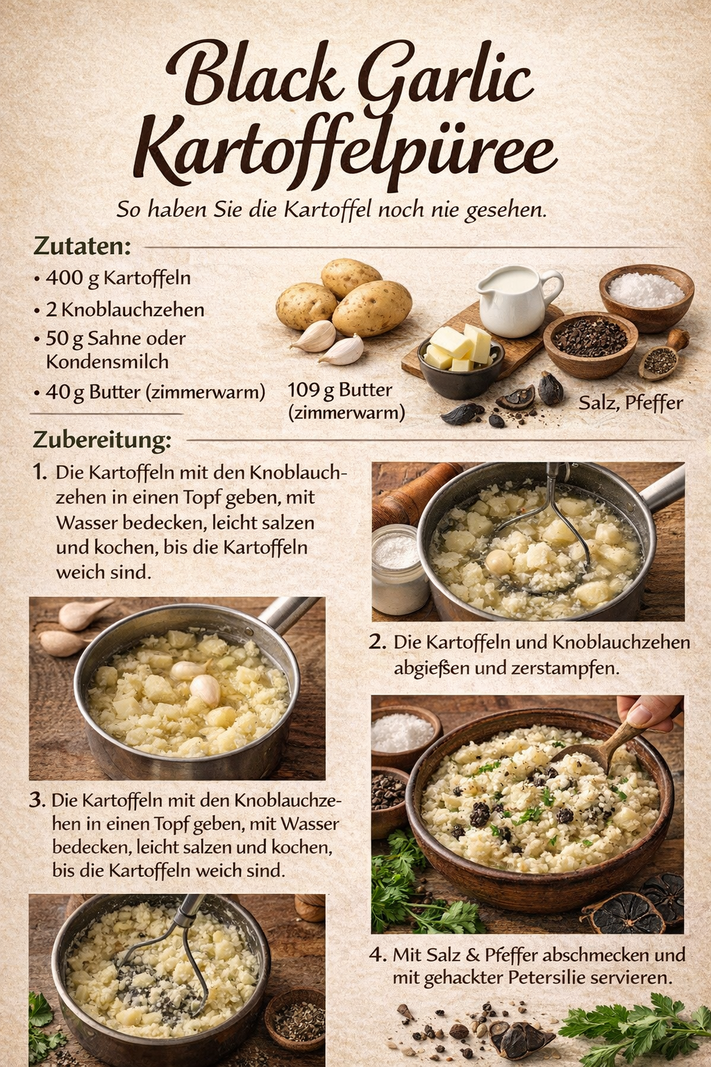 Rezept Idee Kartoffelpüree mit schwarzem Knoblauch