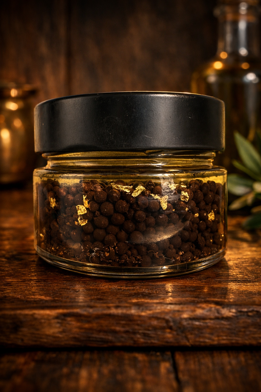 Black Garlic Knoblauch Perlen mit essbarem Gold – Gourmet Knoblauch Perlen | 50 g