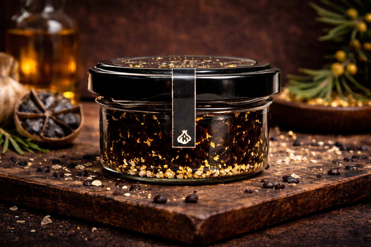 Black Garlic Knoblauch Perlen mit essbarem Gold – Gourmet Knoblauch Perlen | 50 g