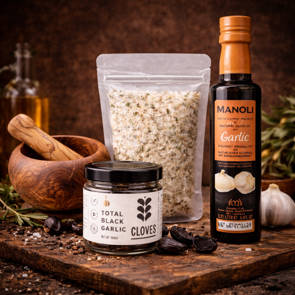 Knoblauch Genuss-Set – Gourmet Genussbox mit Schwarzem Knoblauch & Olivenholz