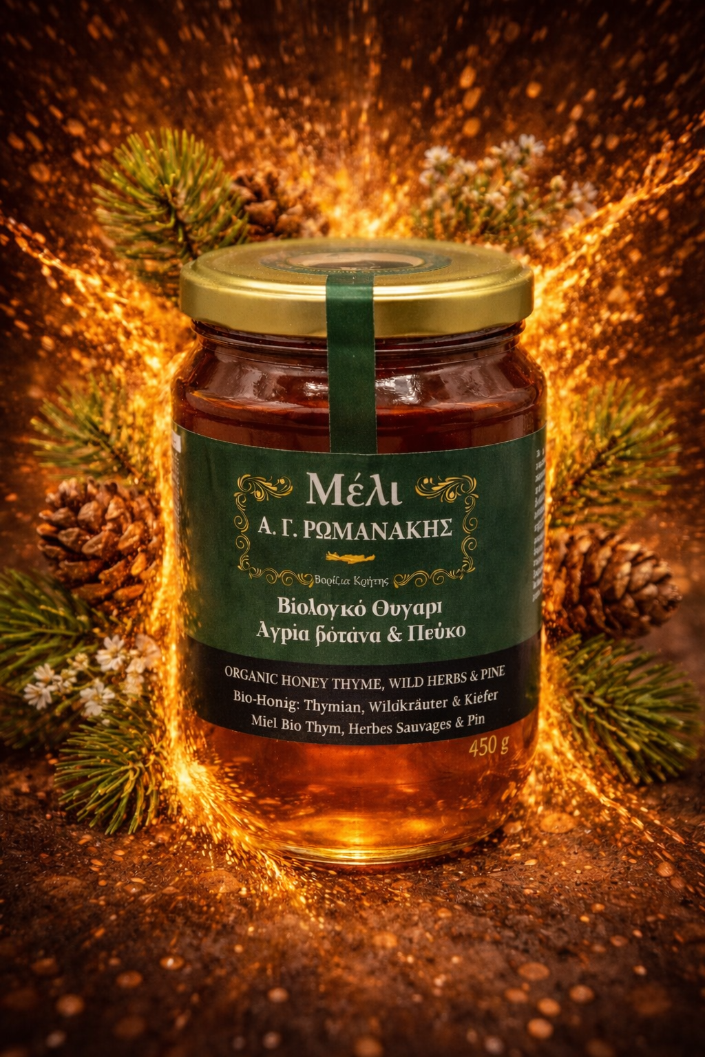 Bio-Honig aus Thymian, Wildkräuter und Zirbelkiefer – Premium Honig aus den Bergen Kretas 450gr