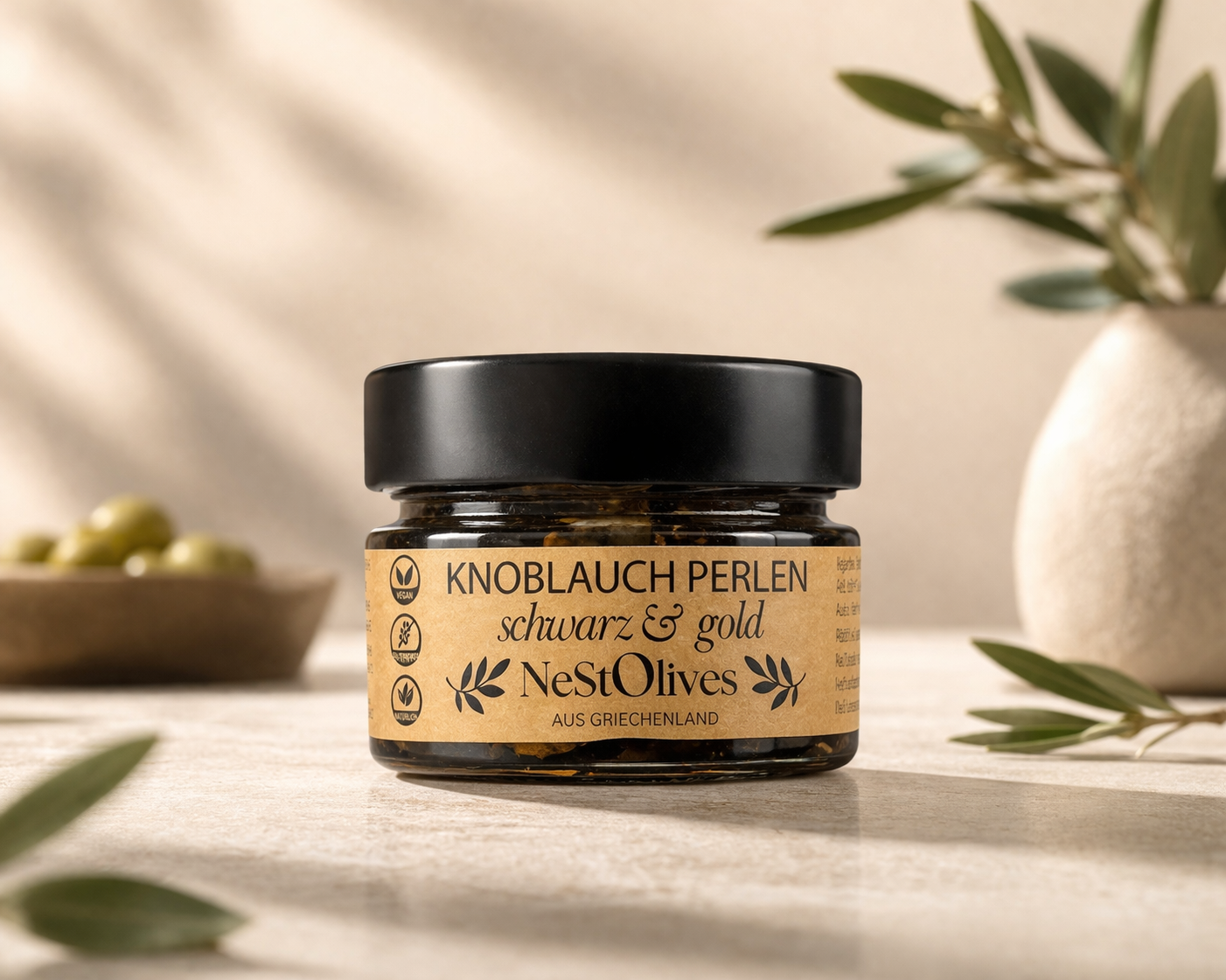 Black Garlic Knoblauch Perlen mit essbarem Gold – Gourmet Knoblauch Perlen | 50 g