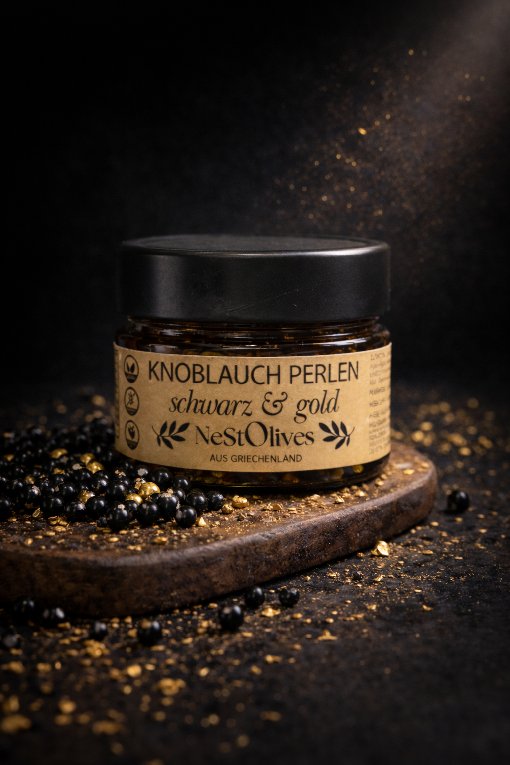 Black Garlic Knoblauch Perlen mit essbarem Gold – Gourmet Knoblauch Perlen | 50 g