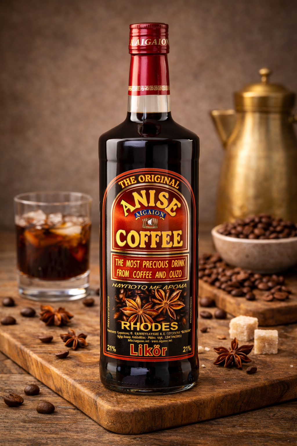 Kaffee-Ouzo Likör Aigaion 1,0L 21% – Griechischer Kaffee Likör mit Ouzo aus Rhodos